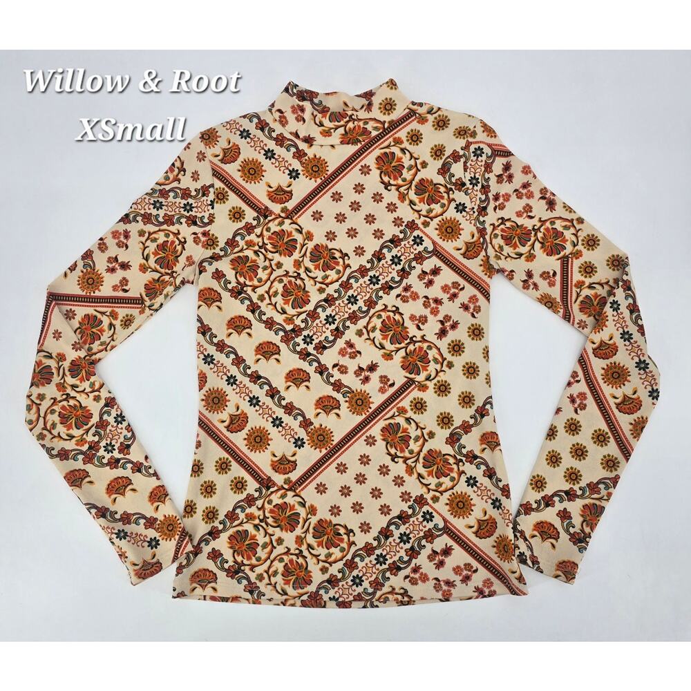 Willow + Root Floral Mock Neck Top XS Boho Cottagecore Autumn Retro Print
